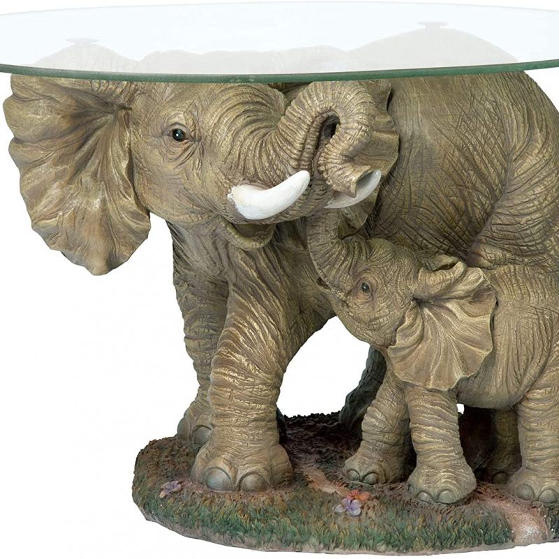 Design Toscano Elephants Majesty African Decor Coffee Table with Glass Top, 30 Inch, Full Color