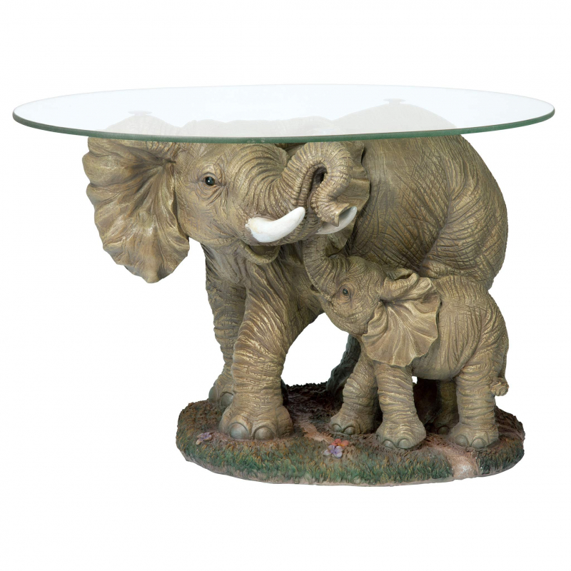 Design Toscano Elephants Majesty African Decor Coffee Table with Glass Top, 30 Inch, Full Color