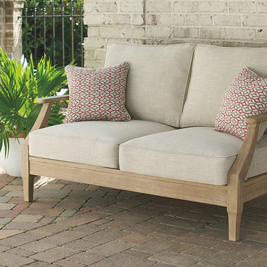 Signature Design by Ashley Clare View Coastal Outdoor Patio Eucalyptus Loveseat with Cushions, Beige