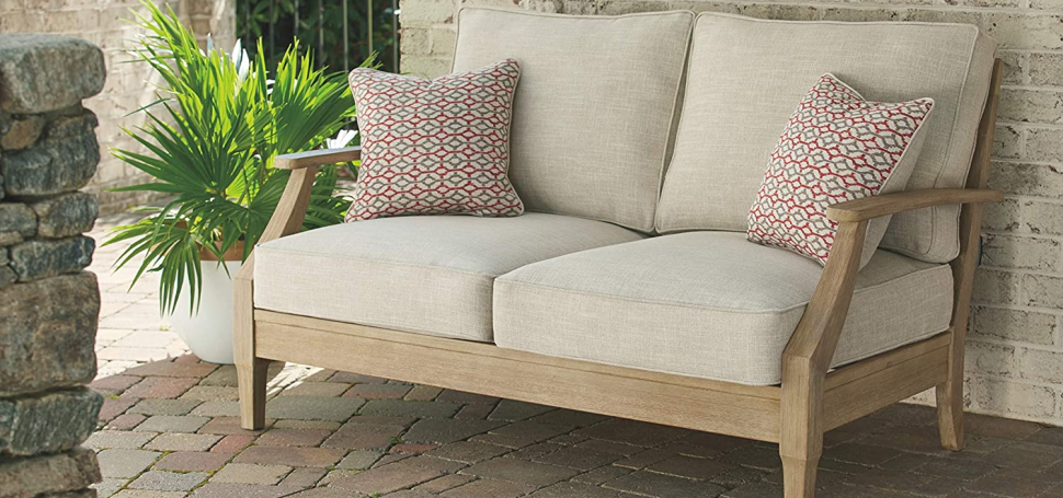 Signature Design by Ashley Clare View Coastal Outdoor Patio Eucalyptus Loveseat with Cushions, Beige