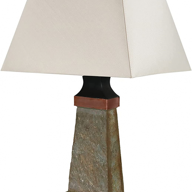 Sunnydaze Indoor/Outdoor Table Lamp - Weather Resistant Copper Trimmed Slate Light - Natural Stone and Metal Interior and Exterior Lighting for Home - 30-Inch